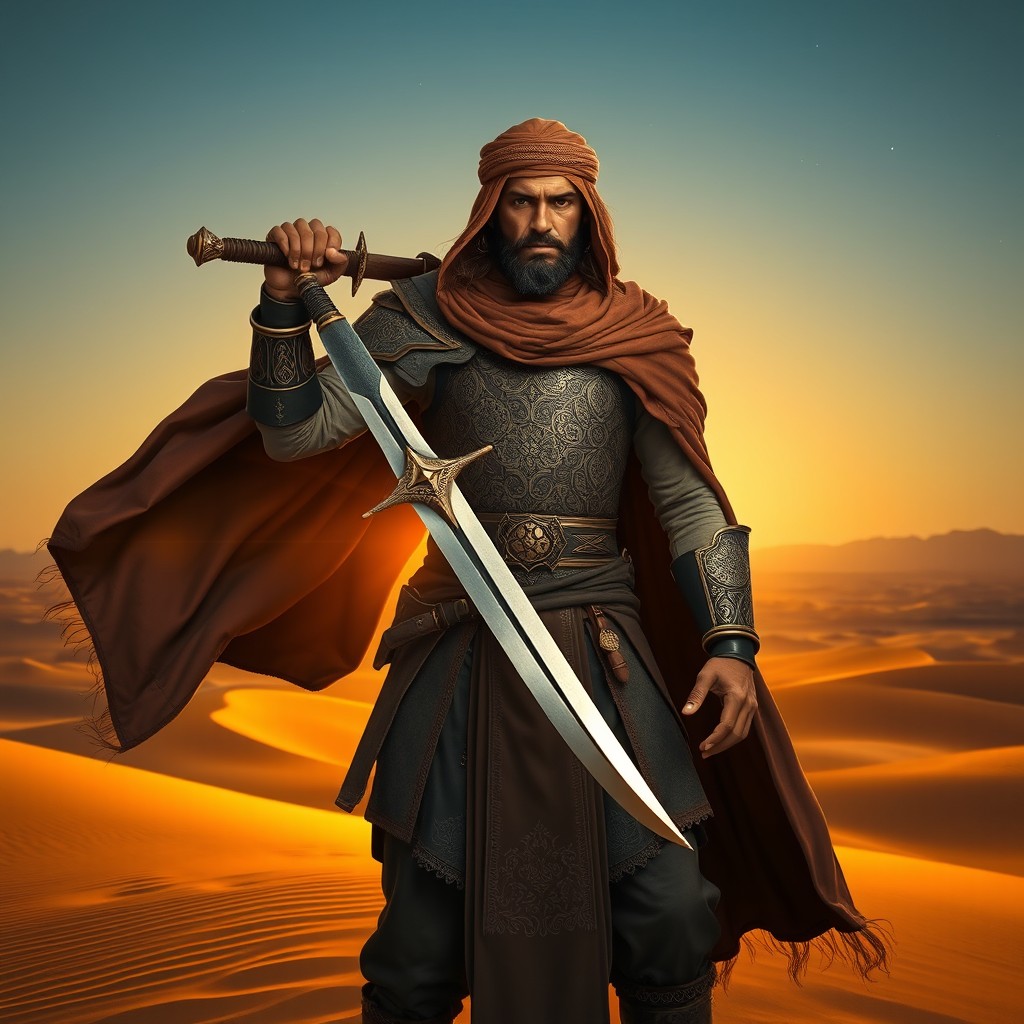 An ancient Arab warrior standing majestically, wielding a Zulfiqar sword, adorned in traditional armor decorated with intricate patterns