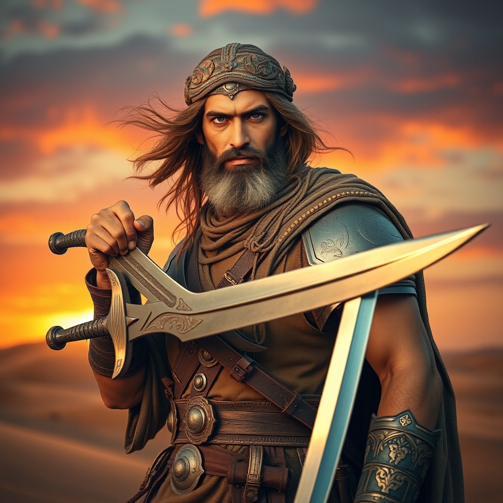 An ancient Arab warrior with a fierce expression, holding a double-headed sword, showcasing his strength and skill