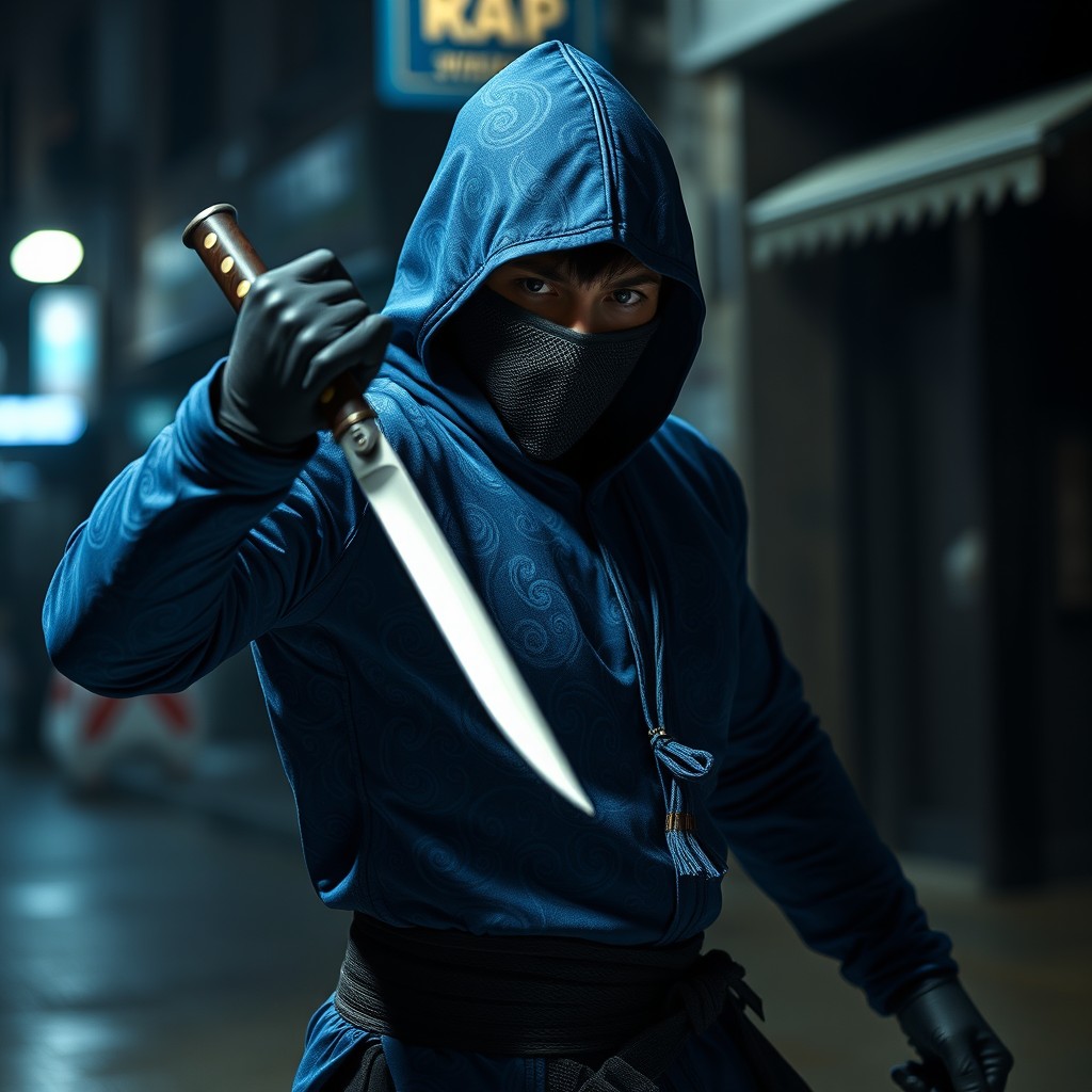 A mysterious fighter dressed in a striking blue outfit with intricate patterns, wearing a sleek black mask that obscures his identity