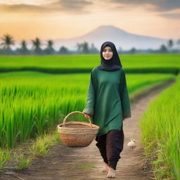 A beautiful Turkish teenager in a hijab and hoodie, walking with a basket of rice along the edge of a lush green rice field in an Indonesian village, with a beautiful sunset behind her and a farmer in the background.