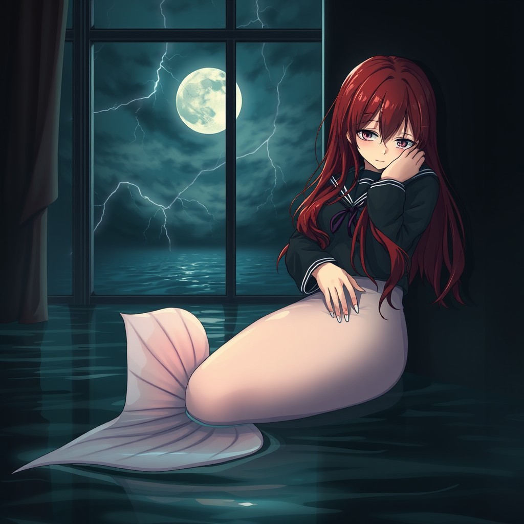 A realistic dark and flooded room with a mermaid curled up against the wall