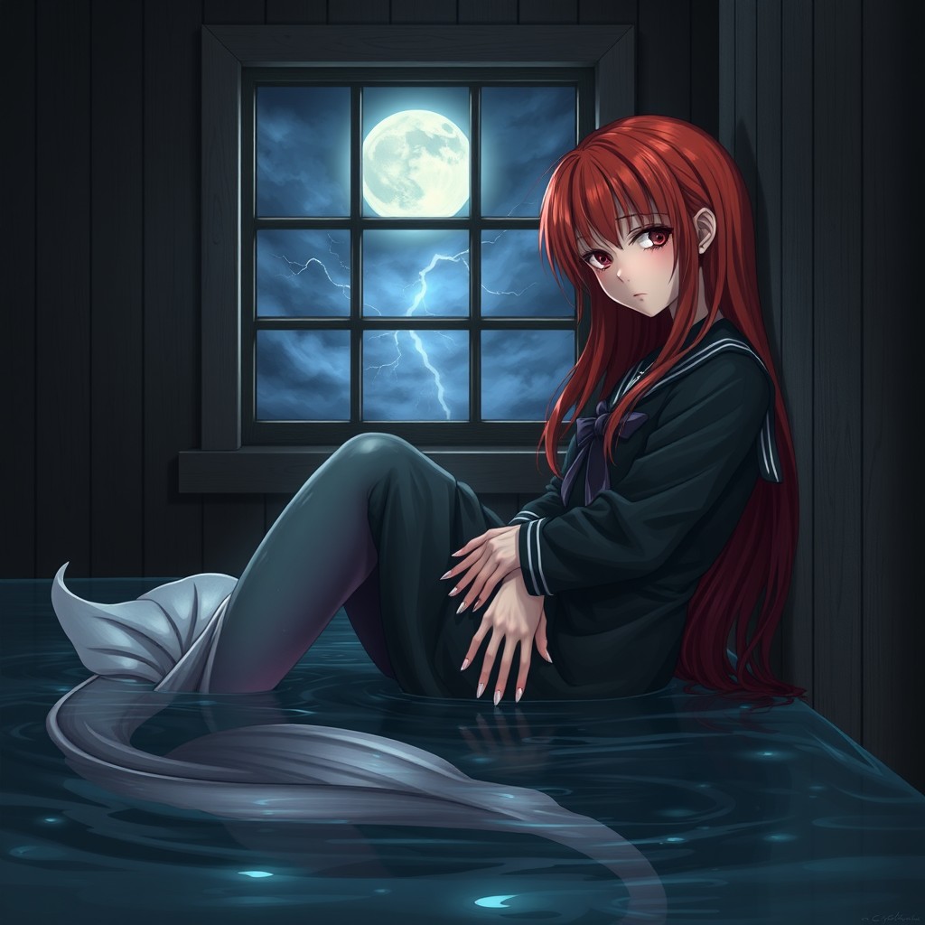 A realistic depiction of a dark, flooded room