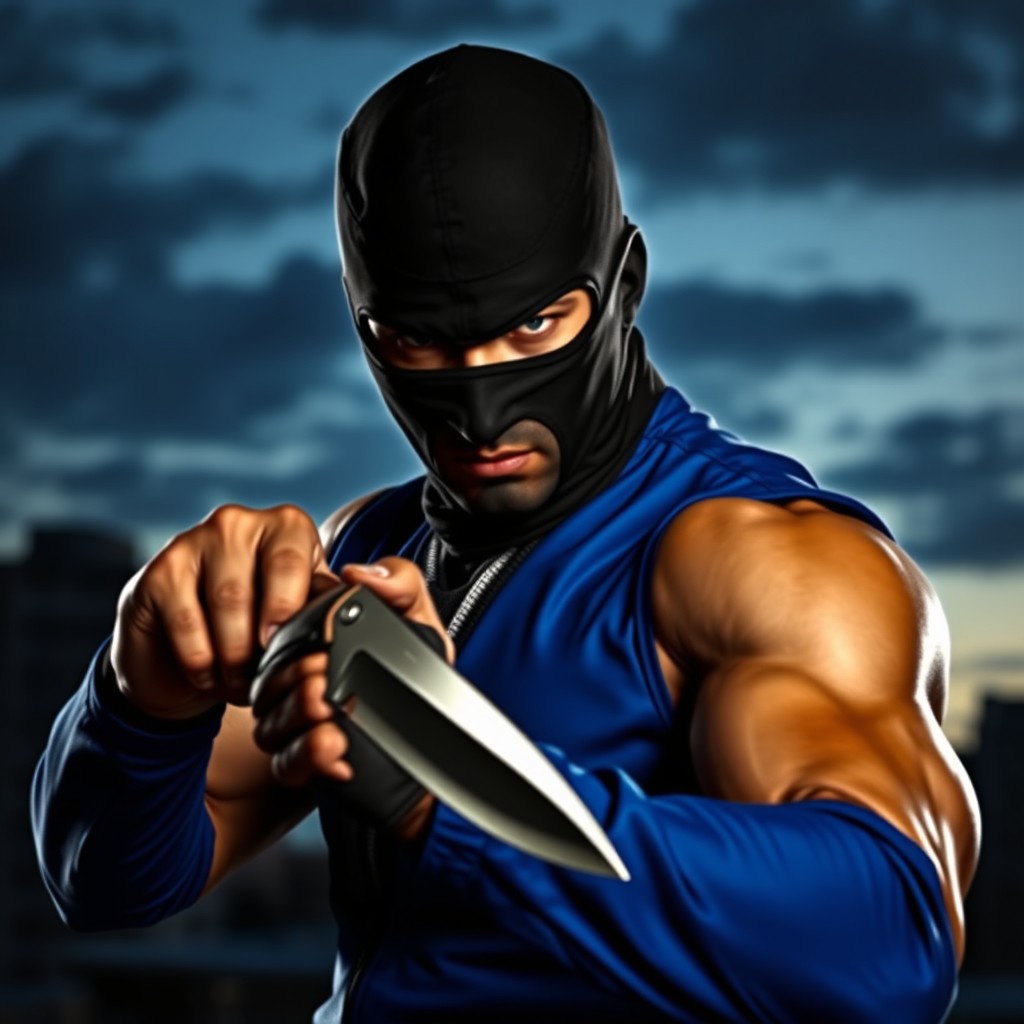 A fierce fighter wearing a black mask and a blue suit, gripping a sharp knife with determination in a dynamic combat pose