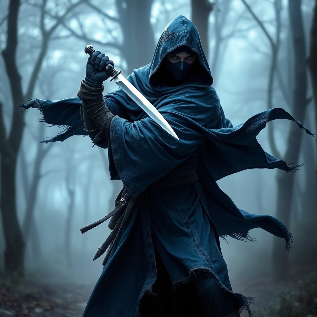 A fierce warrior dressed in a flowing blue cloak and a black mask, holding a sharp knife with an assertive stance