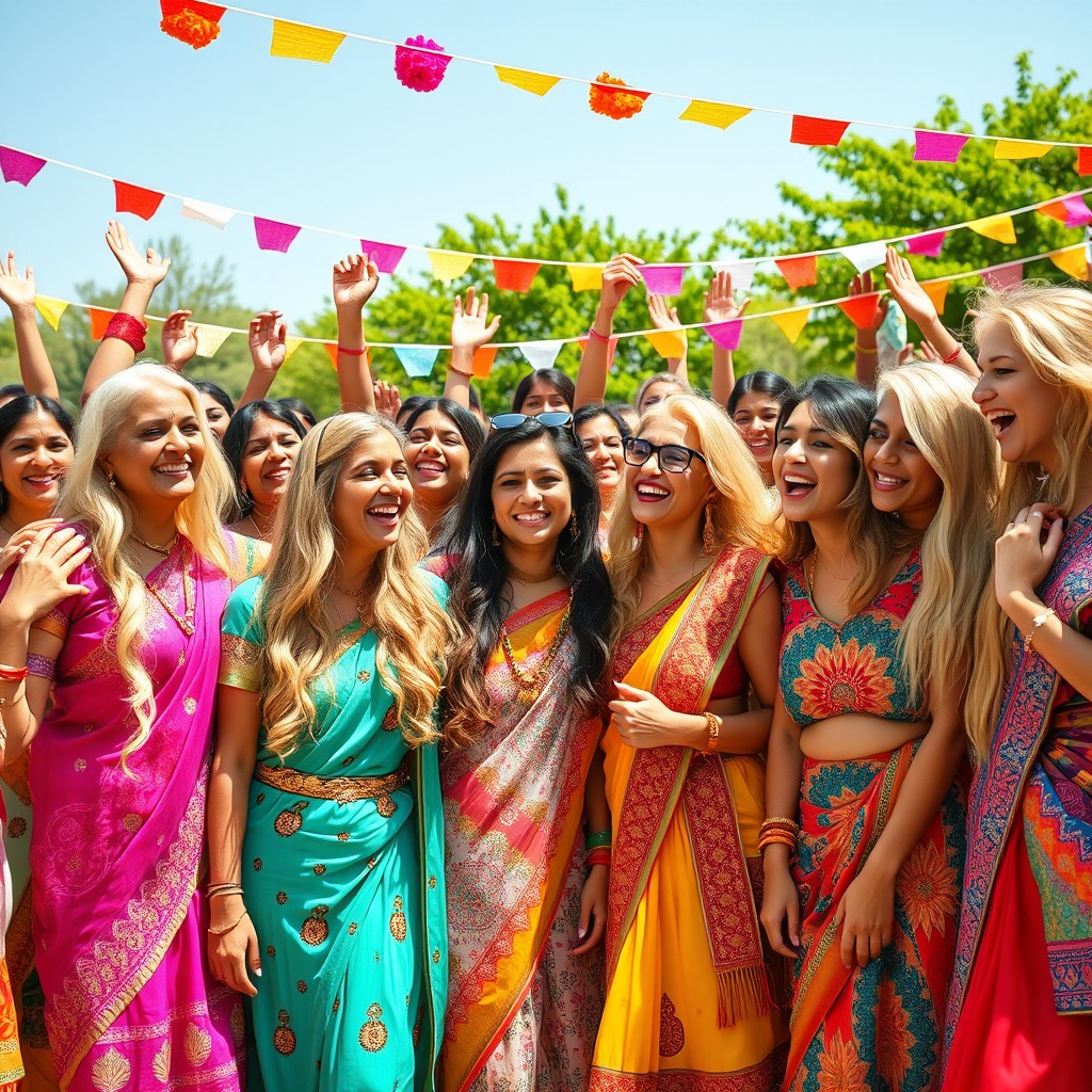 A vibrant and lively scene depicting a diverse crowd of blonde Indian women celebrating joyfully