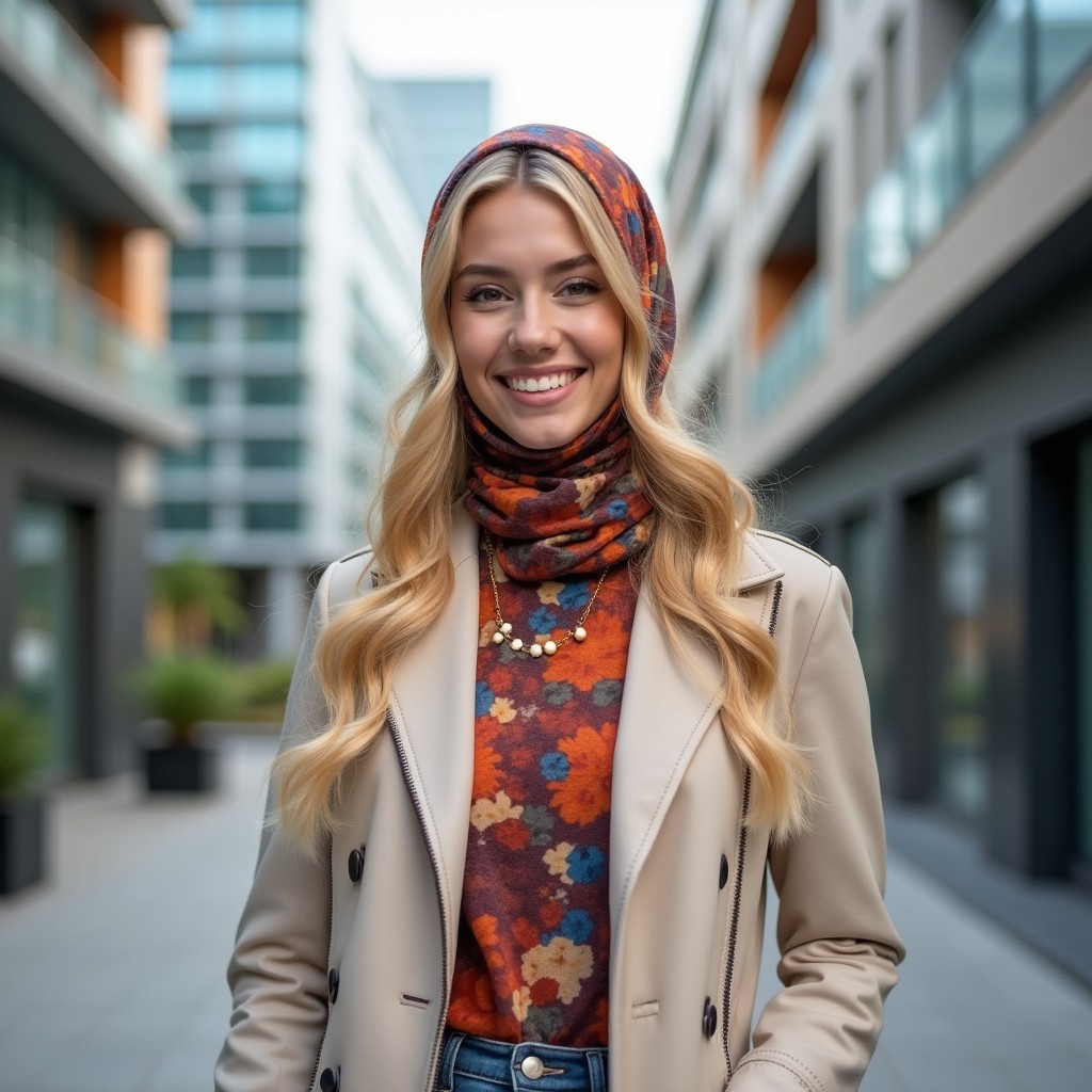 A beautiful young woman with blonde hair, wearing a stylish and colorful hijab, confidently showcasing her individuality
