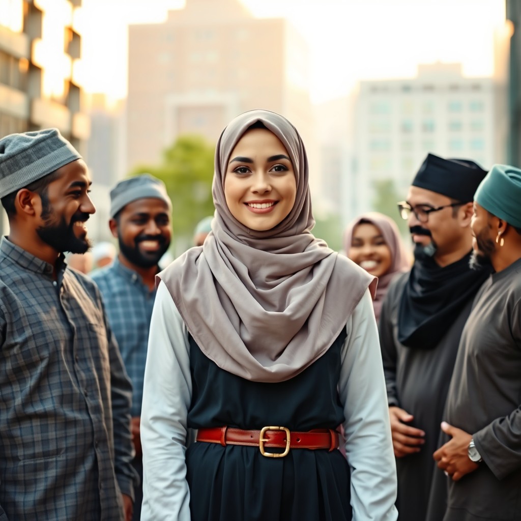 A beautiful, young, white female Muslim woman wearing a stylish hijab, standing confidently in an urban setting