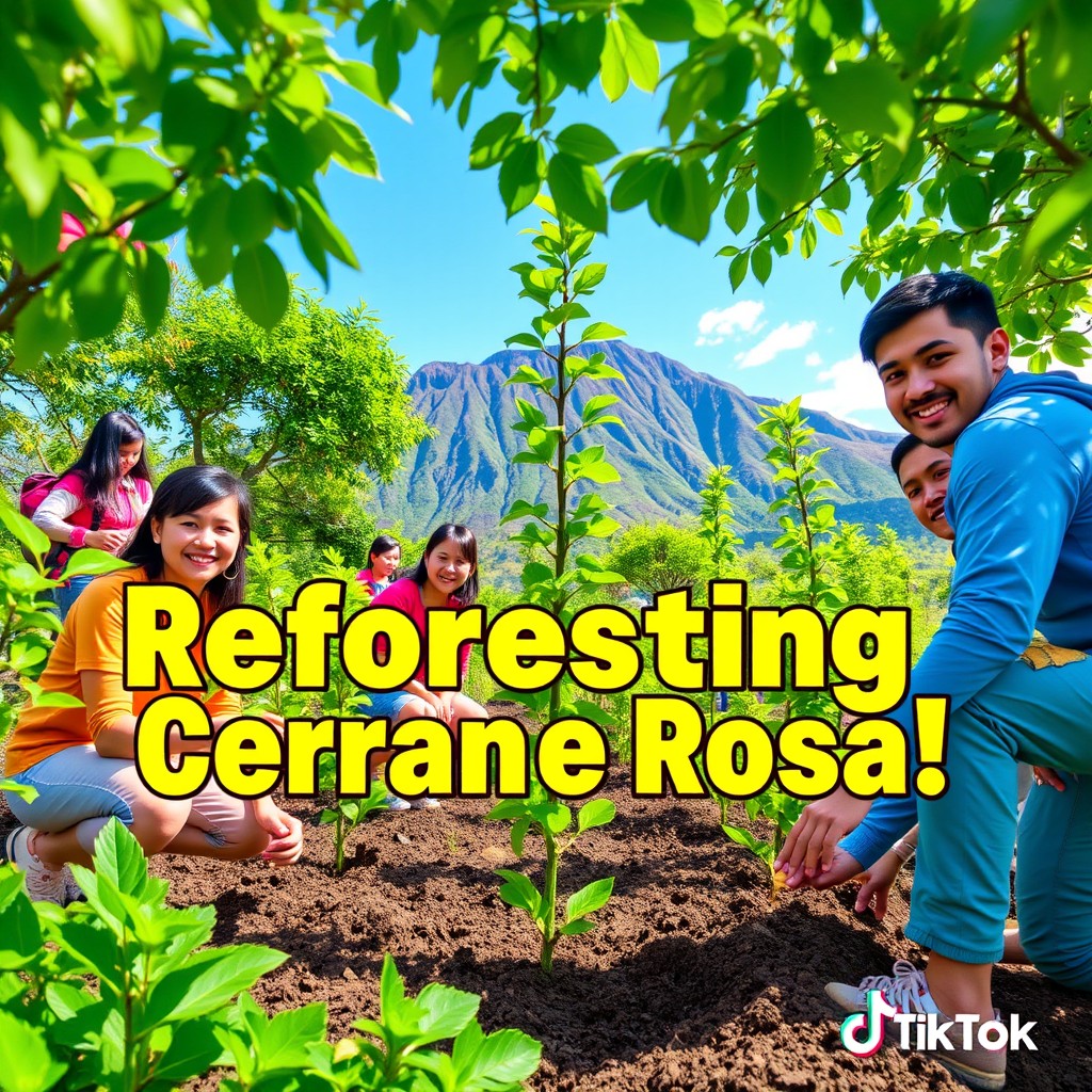 A vibrant and engaging TikTok thumbnail illustrating the reforestation of Cerro Santa Rosa