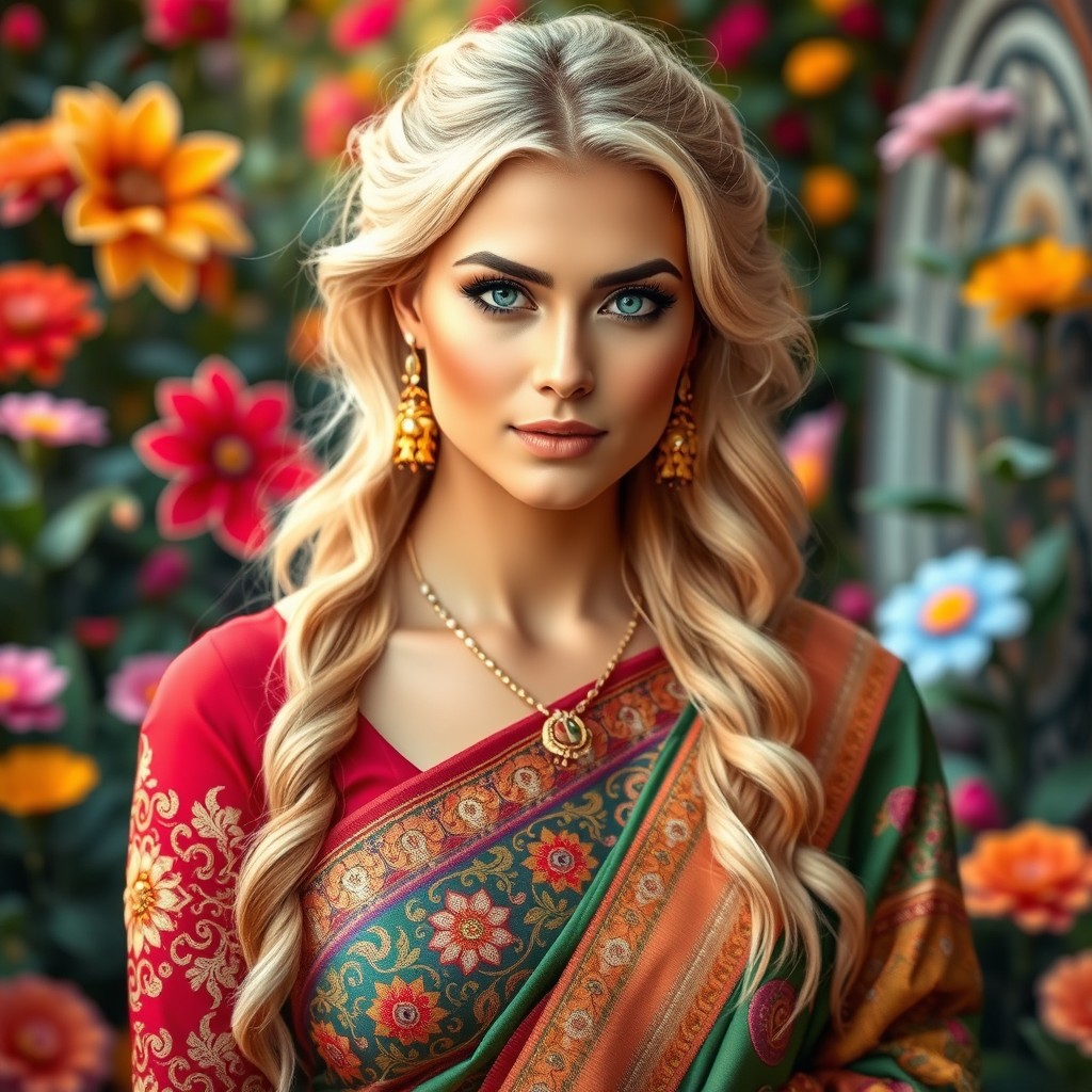 A stunning blonde woman with striking features, wearing traditional Indian attire, such as a beautifully embroidered saree in vibrant colors