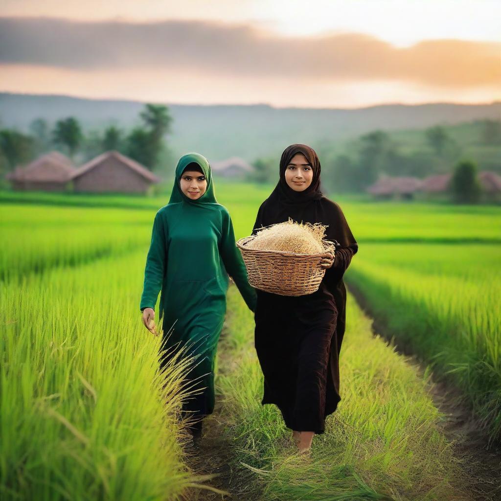 A beautiful Turkish teenager in a hijab and hoodie, walking with a basket of rice along the edge of a lush green rice field in an Indonesian village, with a beautiful sunset behind her and a farmer in the background.