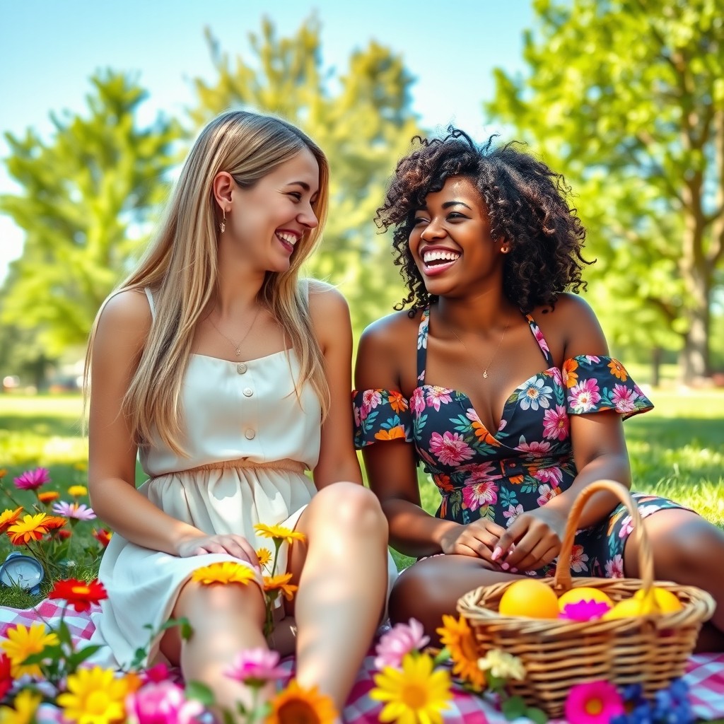 A vibrant and dynamic scene depicting a close friendship between a white girl and a black woman, both laughing and enjoying a sunny day in a park
