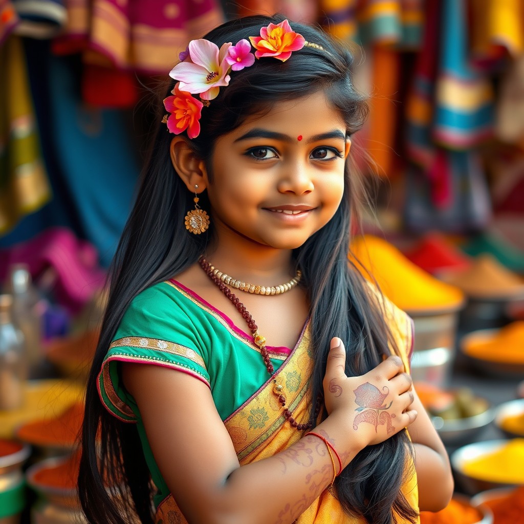 A portrait of a young Indian girl with a blend of traditional and modern attire, featuring intricate henna designs on her hands