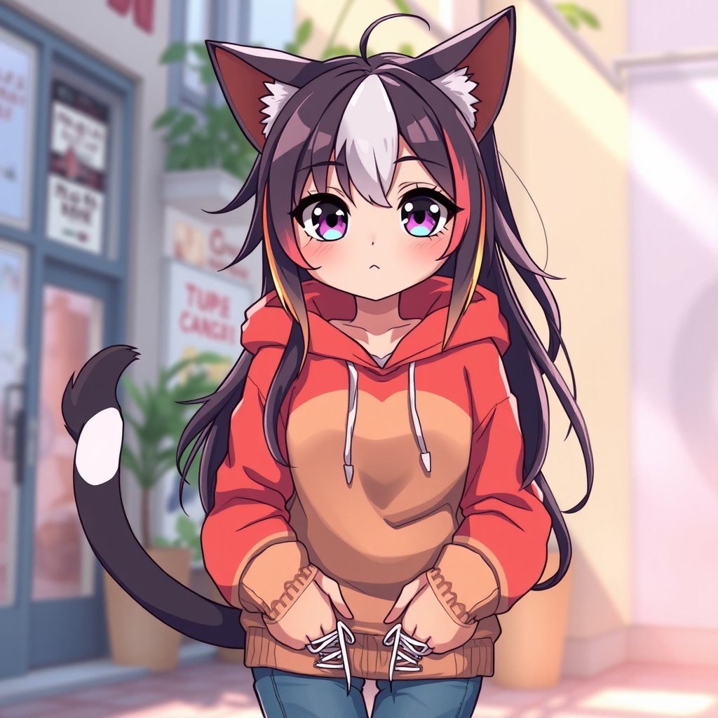 A stunning anime cat girl with striking features, including large expressive eyes, cute cat ears, and a playful tail, dressed in stylish casual clothing