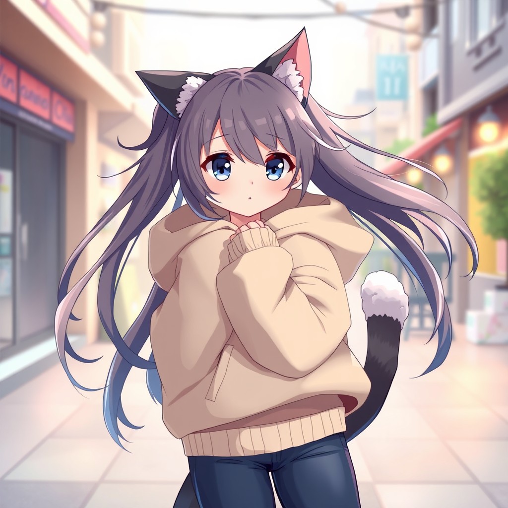 A beautiful anime-style cat girl with long, flowing hair and captivating eyes, playfully wearing casual clothing that includes a stylish oversized hoodie and fitted jeans