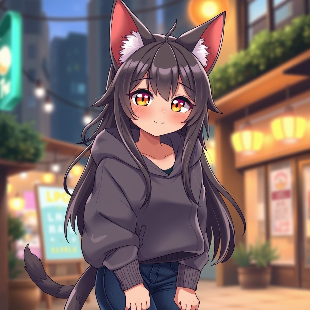 A beautiful anime cat girl with large, expressive feline ears and a charming smile, wearing casual clothing including a trendy oversized hoodie and stylish skinny jeans
