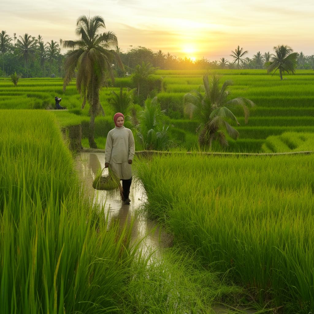 A beautiful Russian teenager in a hijab and hoodie, walking with a basket of rice along the green edge of a rice field in an Indonesian village, with a beautiful sunset behind her and a farmer in the background.