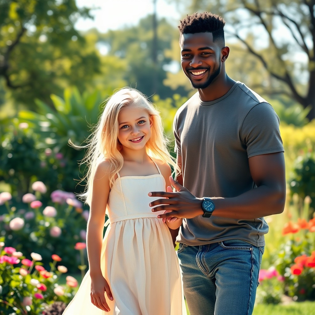 A beautiful blonde girl with striking blue eyes, smiling and interacting playfully with a tall, handsome Black boy