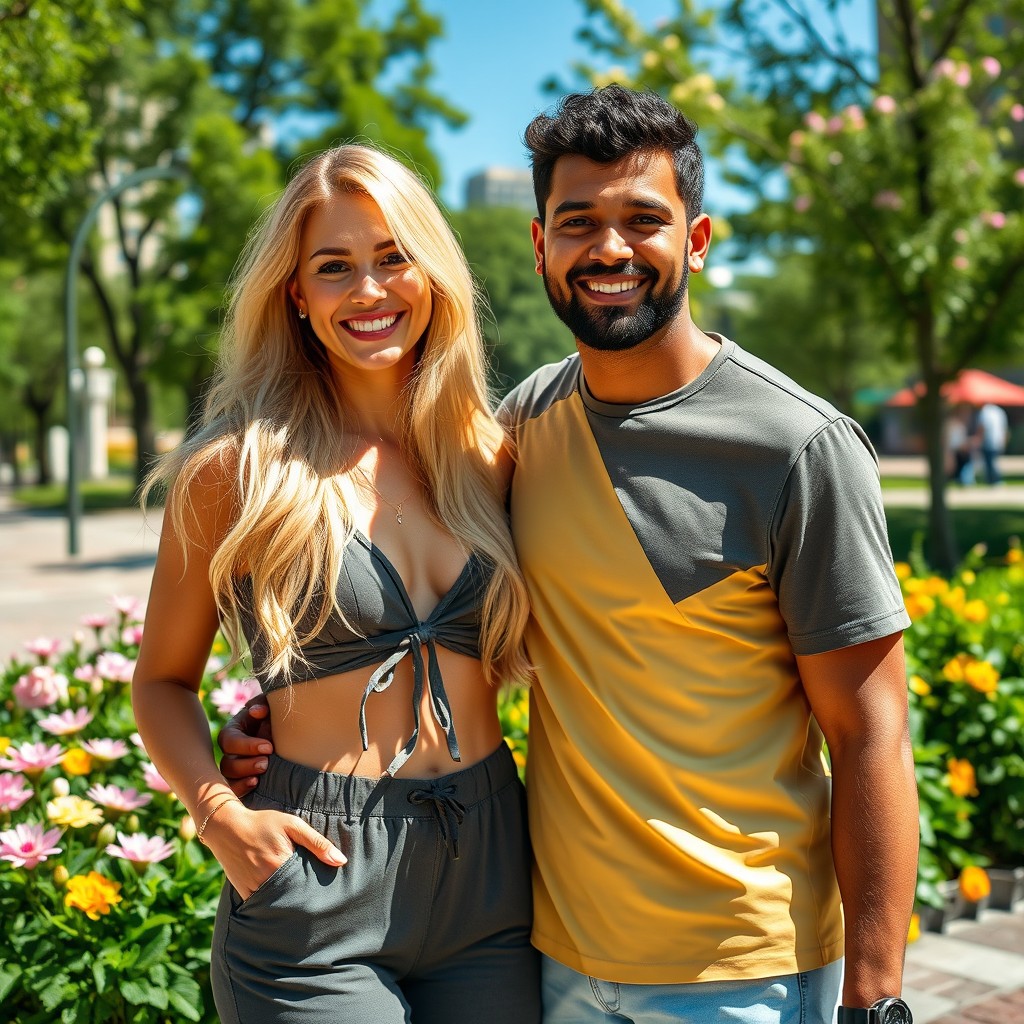 A beautiful and harmonious scene featuring a confident blonde woman with long hair and striking features, standing alongside an attractive partner of a different ethnicity