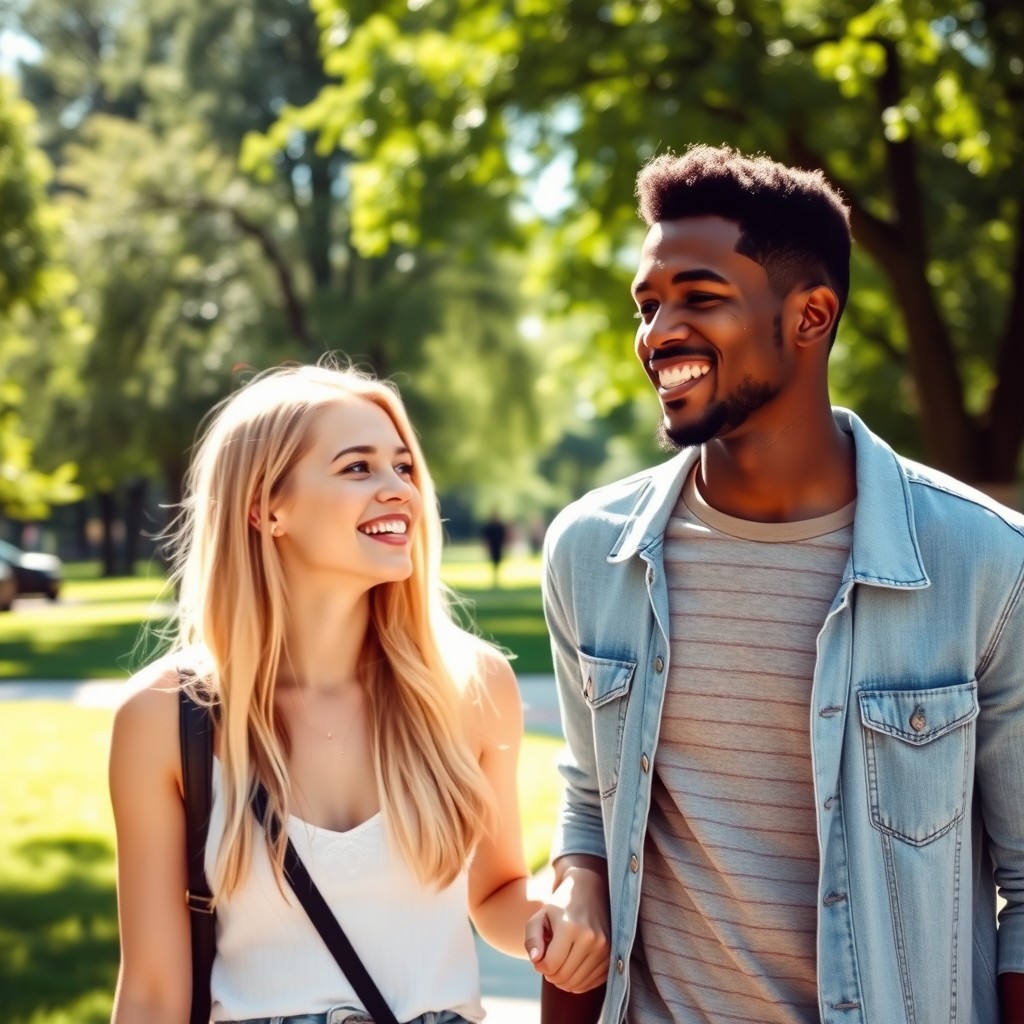 A beautiful blonde young woman and a handsome young man of African descent, smiling and enjoying a sunny day together in a park