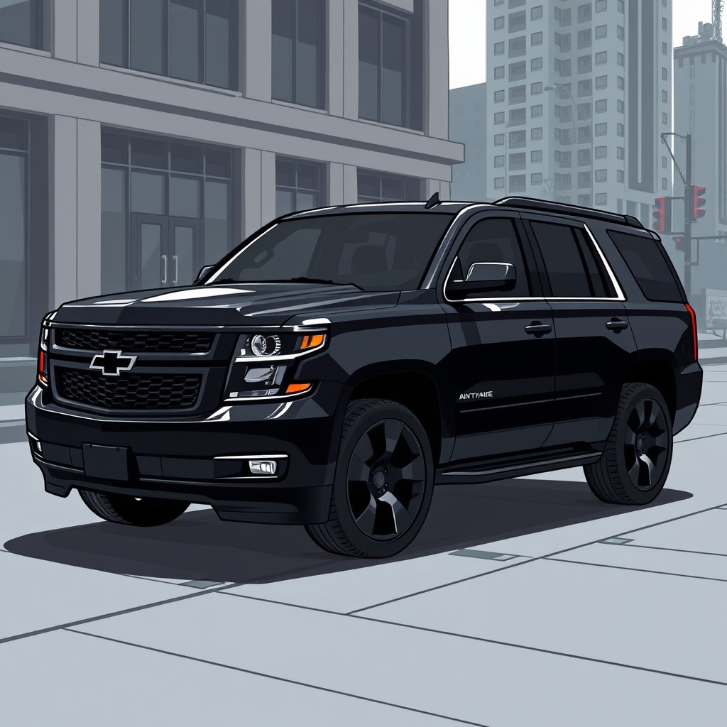 An illustration of a sleek blacked-out Chevy Tahoe, showcasing its bold and powerful design