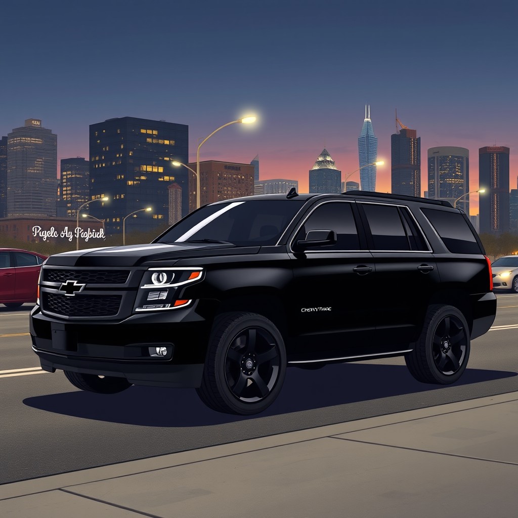 A sleek and modern illustration of a fully blacked out Chevy Tahoe, showcasing its glossy black paint job and aggressive stance