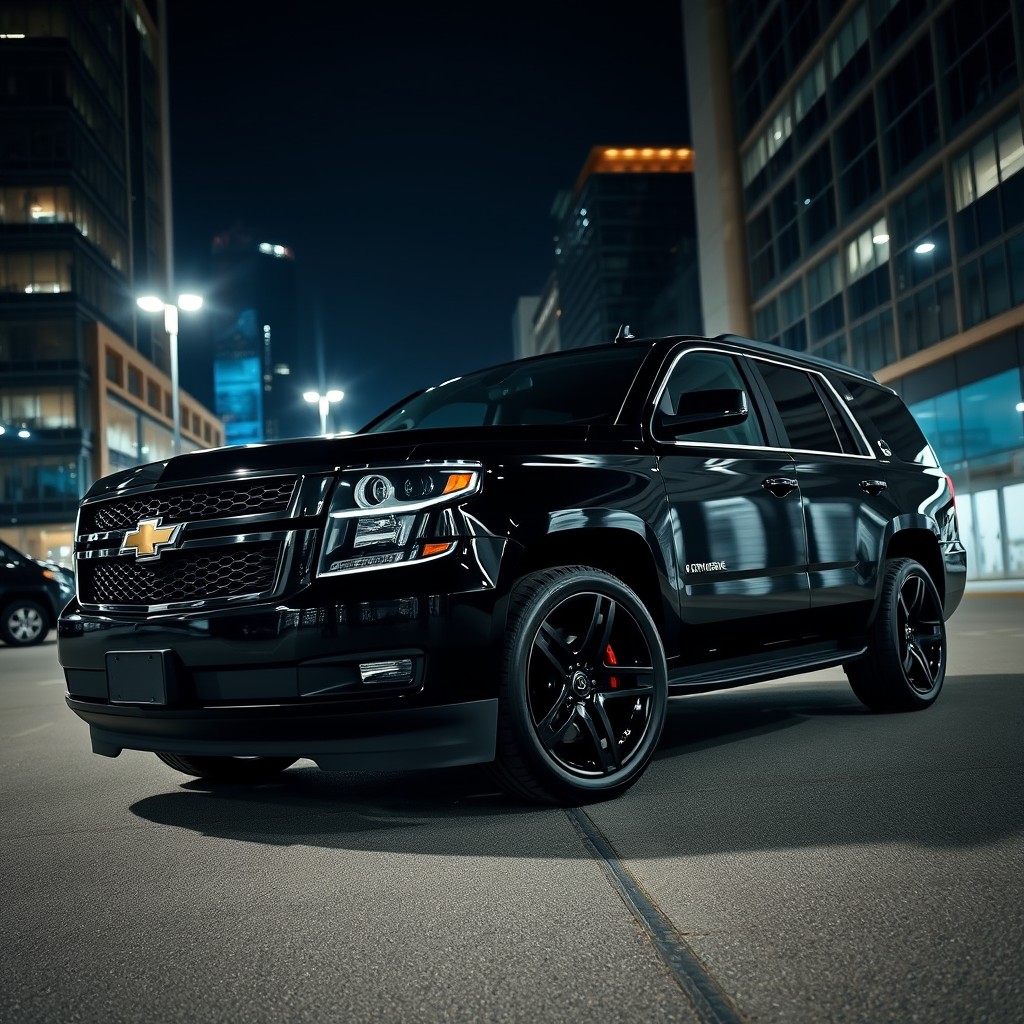 A sleek and powerful blacked out Chevy Tahoe, featuring a glossy finish and aggressive stance