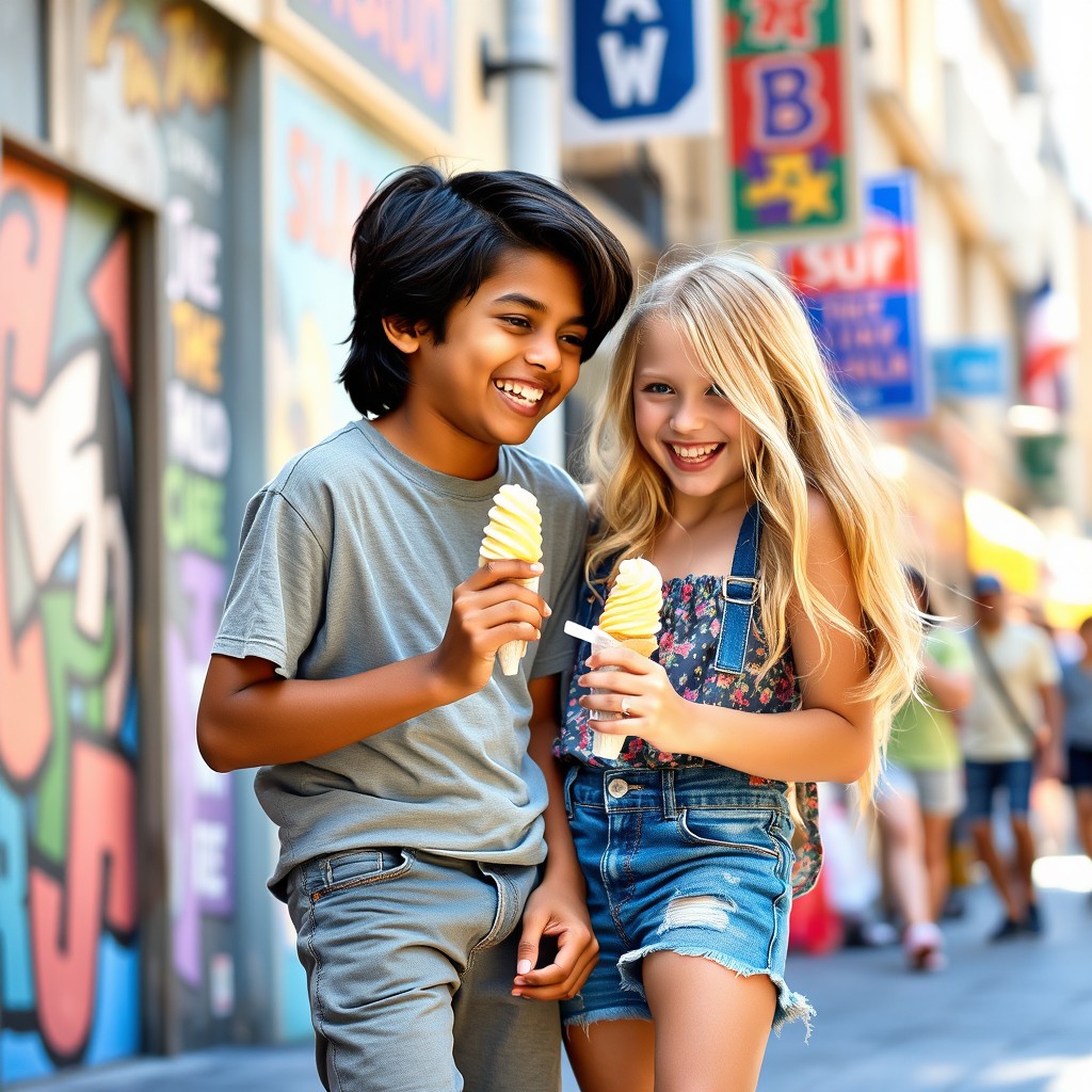 A charismatic young Indian boy with medium-length black hair and warm brown skin, playfully interacting with a cheerful blonde girl