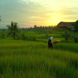 A beautiful Russian teenager in a hijab and hoodie, walking with a basket of rice along the green edge of a rice field in an Indonesian village, with a beautiful sunset behind her and a farmer in the background.