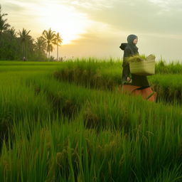 A beautiful Russian teenager in a hijab and hoodie, walking with a basket of rice along the green edge of a rice field in an Indonesian village, with a beautiful sunset behind her and a farmer in the background.