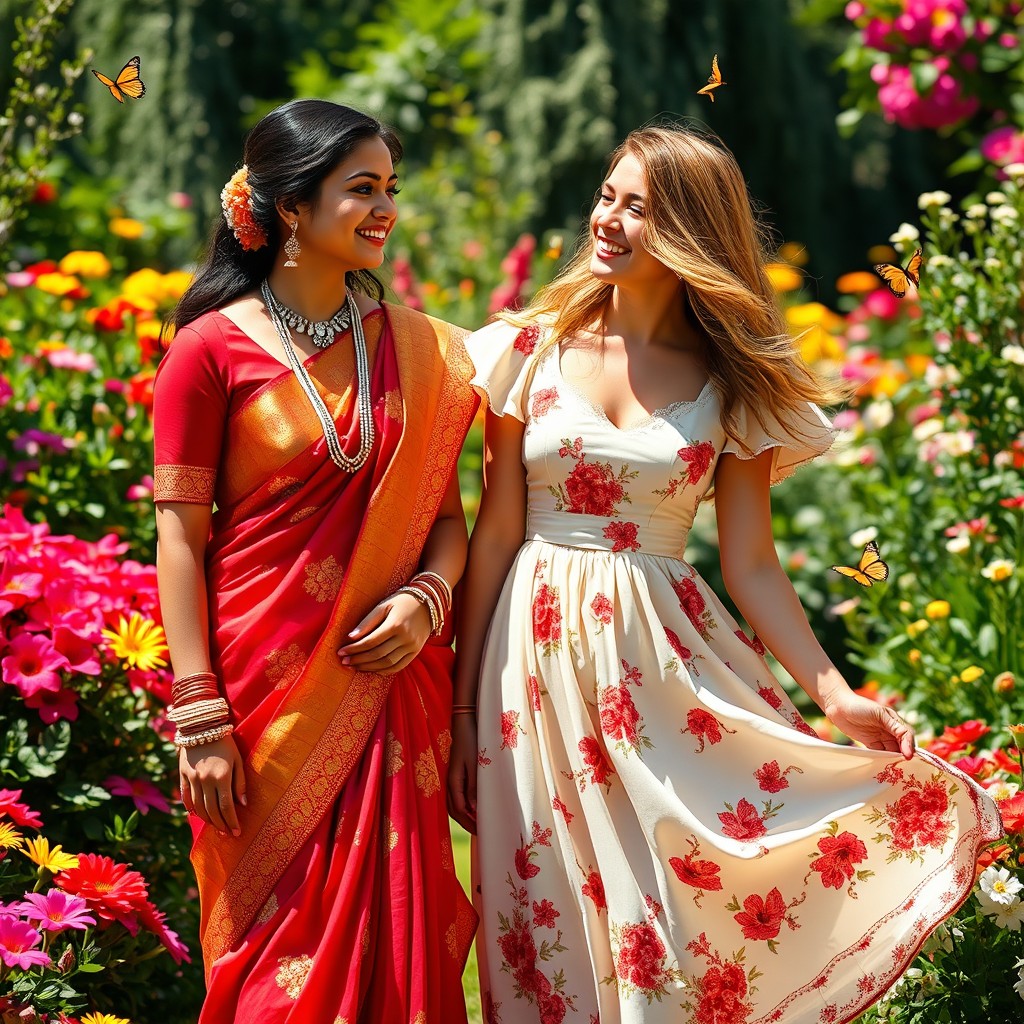 A beautiful Indian girl and a stunning white girl, both in traditional attire that reflects their cultural heritage