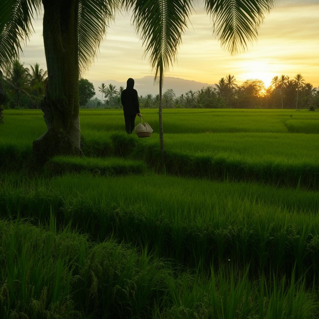 A beautiful Russian teenager in a hijab and hoodie, walking with a basket of rice along the green edge of a rice field in an Indonesian village, with a beautiful sunset behind her and a farmer in the background.