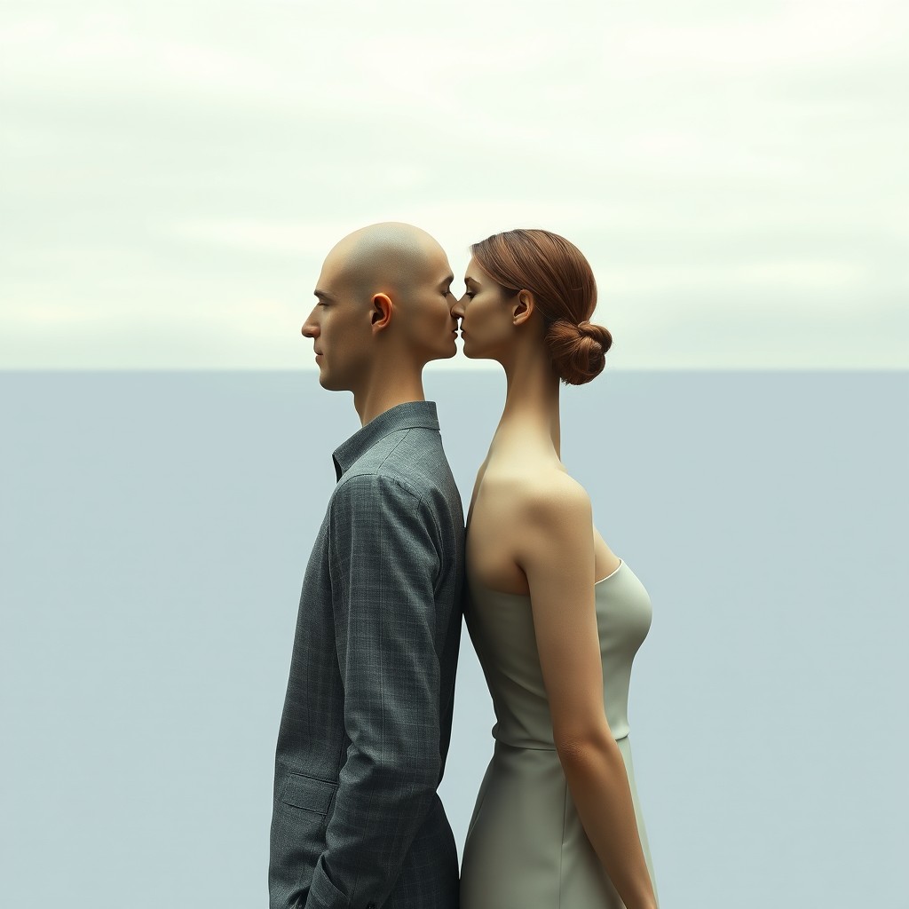 A surreal scene featuring a man and a woman standing back-to-back, about 5 meters apart