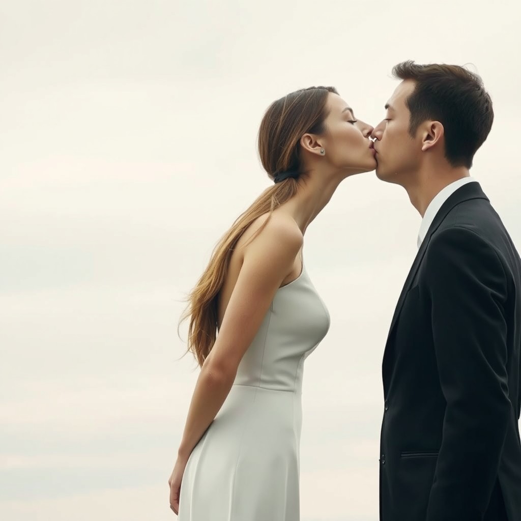 A surreal 1:1 scene featuring a man and a woman, standing back-to-back at a distance of about 5 meters
