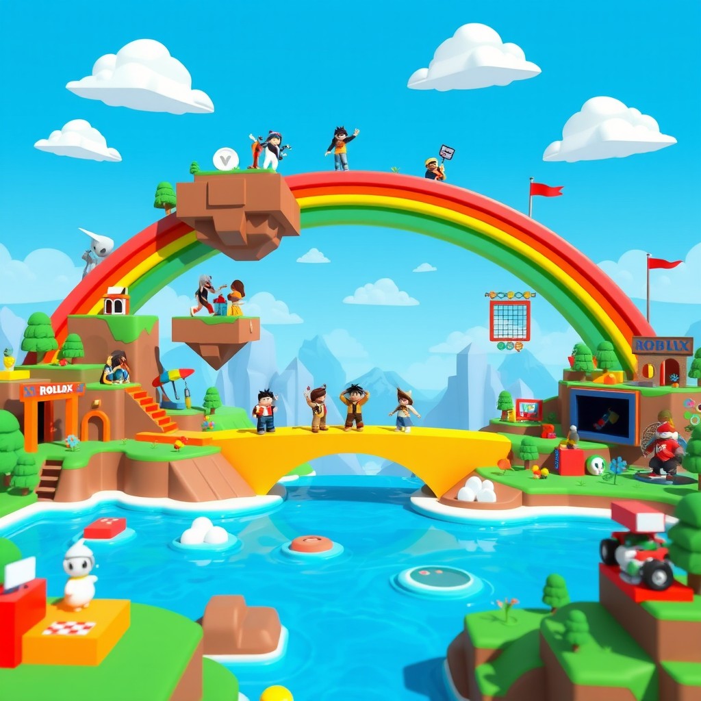A vibrant and colorful gaming landscape inspired by Roblox, featuring blocky structures and imaginative creations