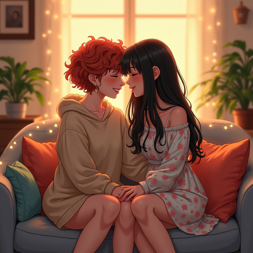 A romantic illustration depicting two young women in a cozy, intimate setting
