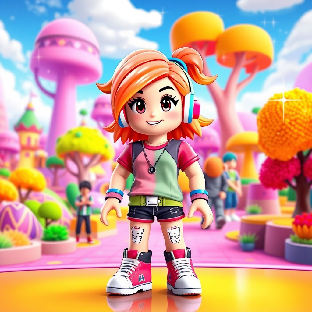 A vibrant and colorful image featuring a young girl avatar in the style of Roblox, showcasing stylish, blocky features and casual clothing