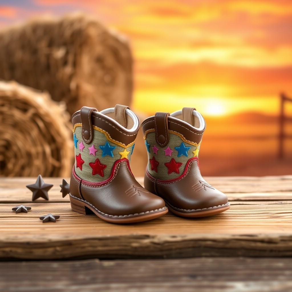 A cute pair of rodeo baby boots, made of soft leather and adorned with colorful designs, featuring intricate stitching and a small, charming spur on the heel