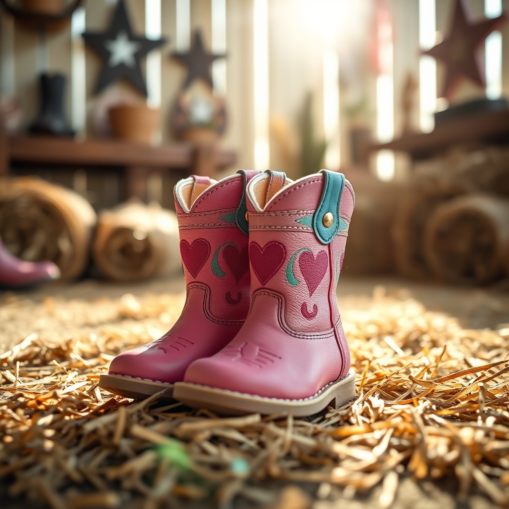 A charming close-up of a pair of cute rodeo baby boots, crafted from soft leather in vibrant colors, with intricate stitching and playful decorative patterns
