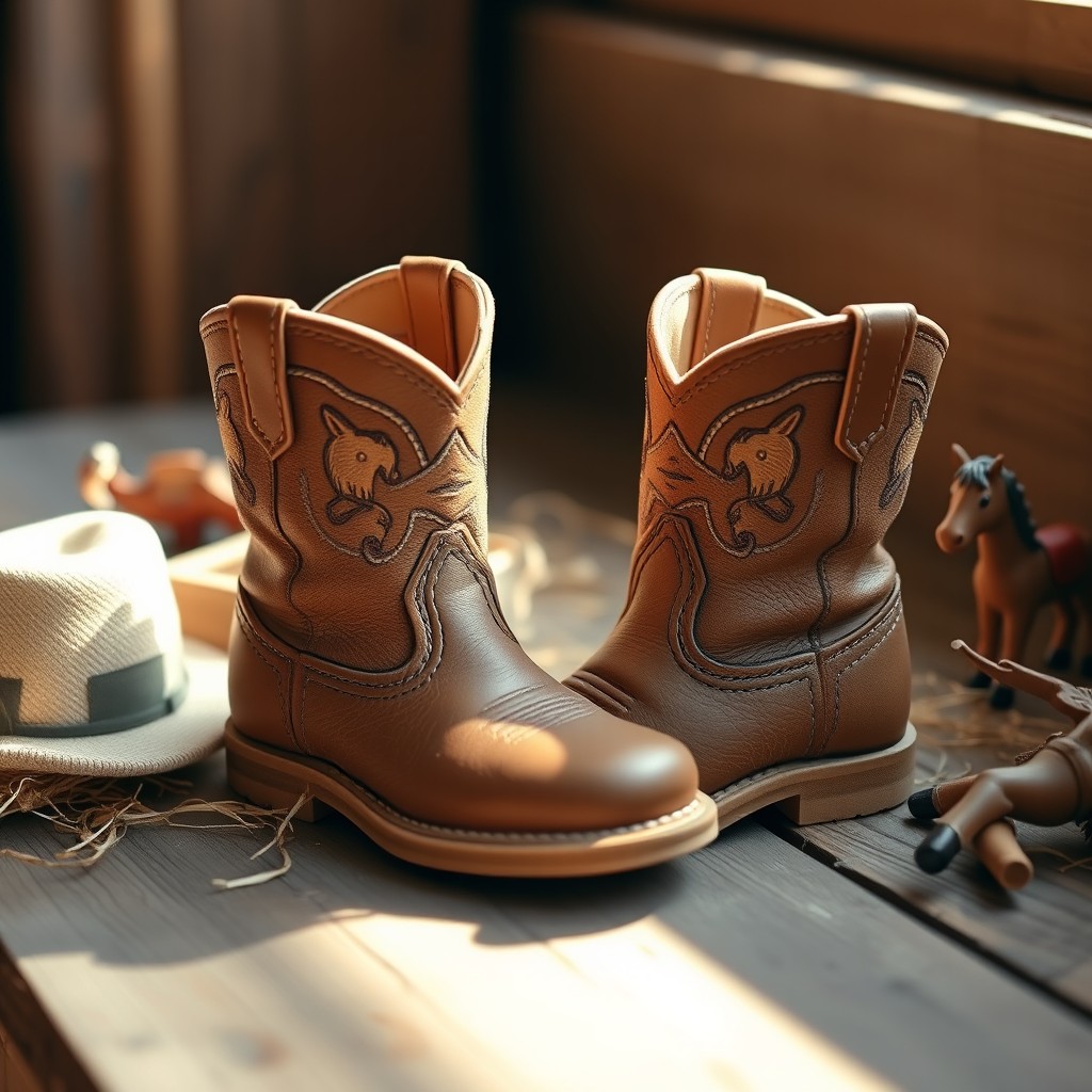 A pair of adorable rodeo baby boots, crafted from soft, brown leather with intricate stitching that showcases cowboy designs