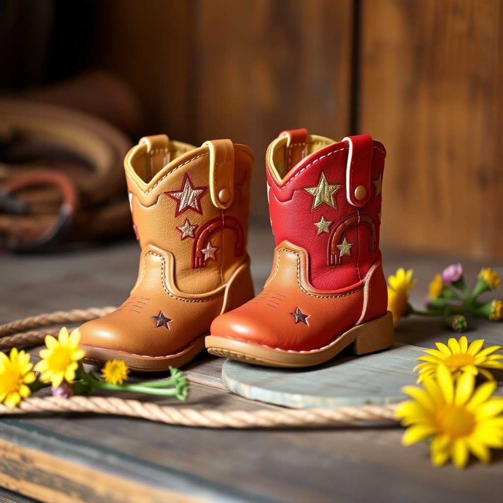 Adorable rodeo baby boots in a charming design, featuring intricate stitching and vibrant colors