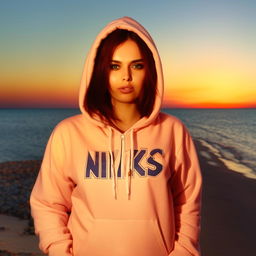 A beautiful Russian woman in a hijab and a hoodie sweatshirt bearing the inscription 'NENK'S', posing on the beach in the beautiful light of the sunset.