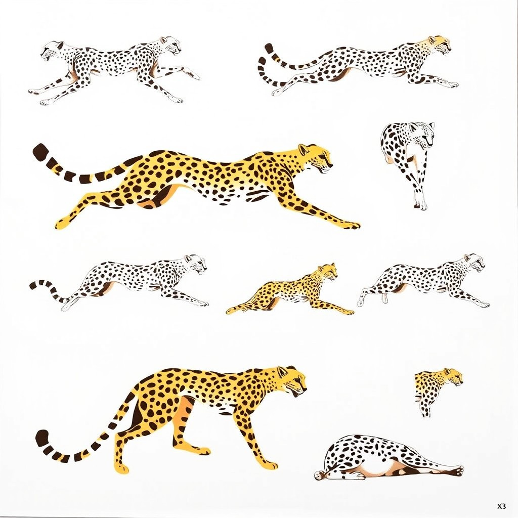 A collection of creative and artistic cheetah stencils featuring various poses of cheetahs in mid-run, resting, and pouncing, each stencil capturing their sleek and agile forms