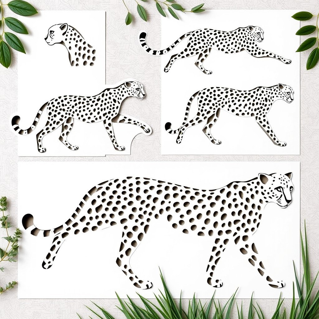A collection of intricate cheetah stencils, showcasing various designs including the cheetah's profile, full body in motion, and close-up of its distinct spots