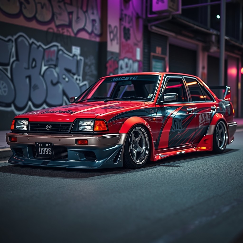 A modified Nissan Sunny B310, showcasing a sleek JDM style with a lowered stance, wide-body kit, aggressive front bumper, and aftermarket wheels with a unique design