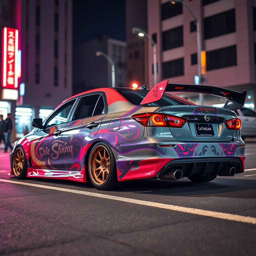 A modified Nissan Sunny B310 in a striking JDM style, featuring a sleek, low profile stance