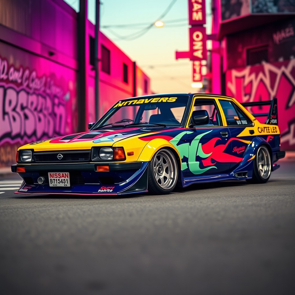A stunning Nissan Sunny B310 modified in vibrant JDM style, featuring a sleek aerodynamic body with a custom wide body kit, lowered suspension, and aggressive stance