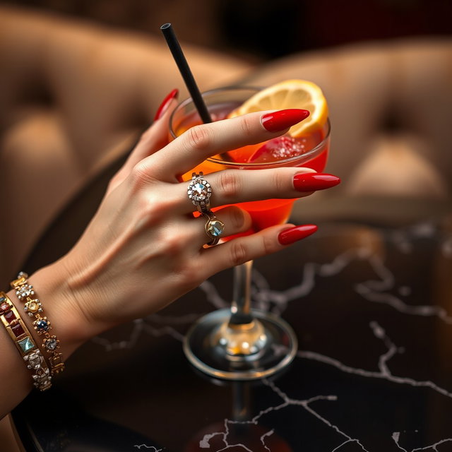 A detailed close-up image of a feminine hand featuring long, glossy red nails, embellished with multiple rings and stylish bracelets