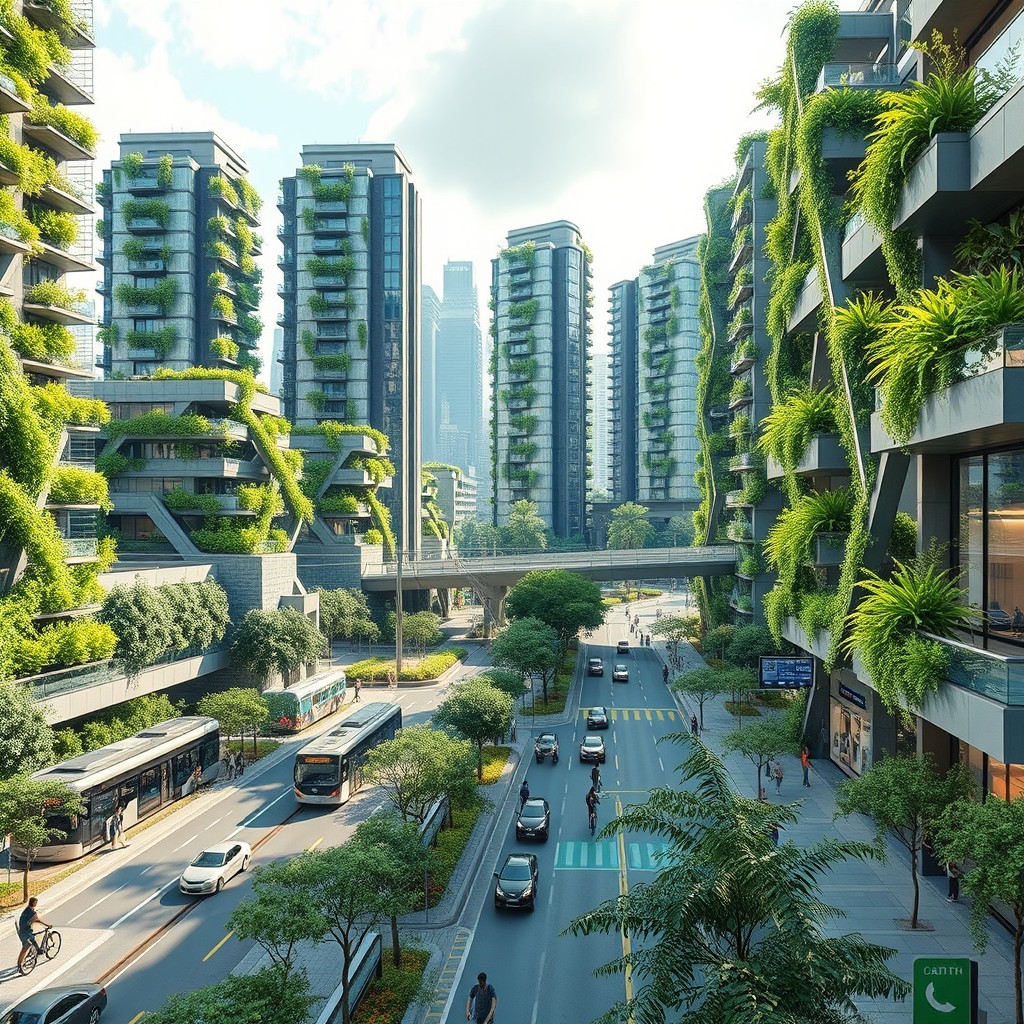 Welcome to the futuristic sustainable city of 2050, where innovation meets nature! As we stroll through the vibrant streets, notice the stunning green architecture that defines the skyline