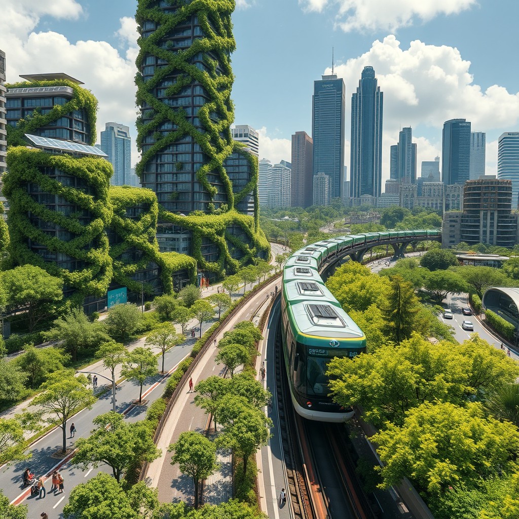 Welcome to EcoSphere, the futuristic sustainable city of 2050, where nature and technology coexist harmoniously