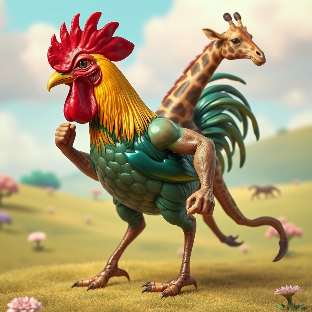 A surreal creature resembling a rooster with a vibrant red comb, horse legs, human-like muscular arms, and a long giraffe neck